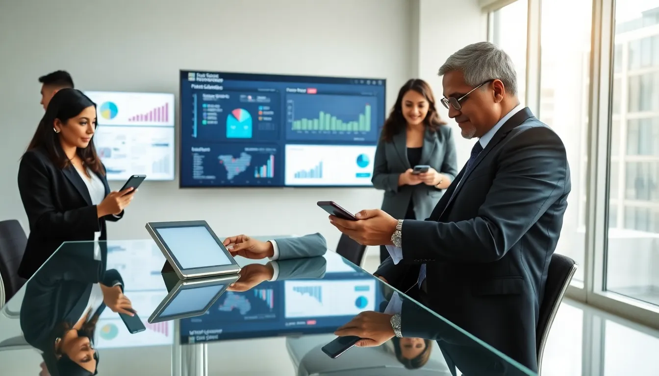 professionals collaborating using mobile enterprise apps in a modern office.