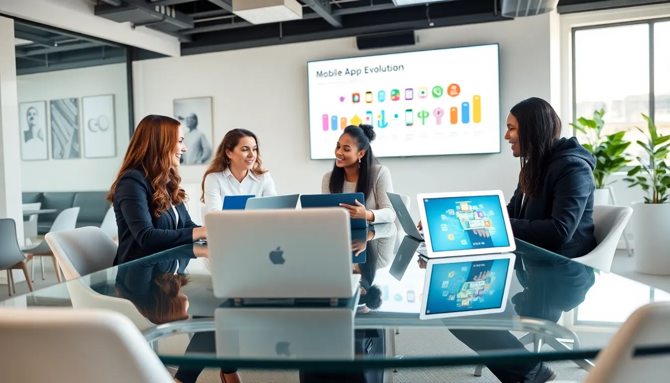 diverse team discussing mobile applications in a modern office.