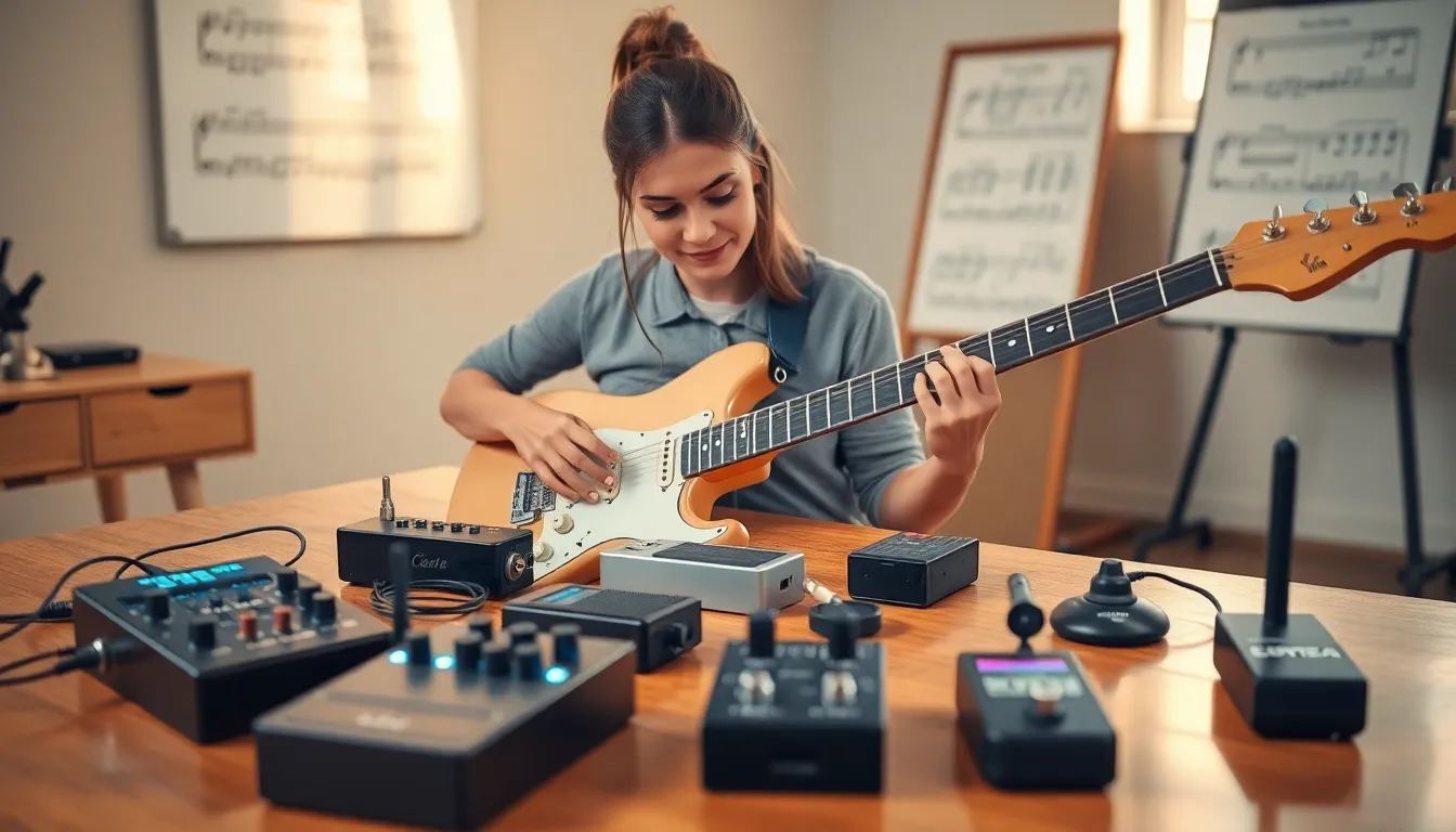 musician experimenting with guitar gadgets in a modern studio setting.