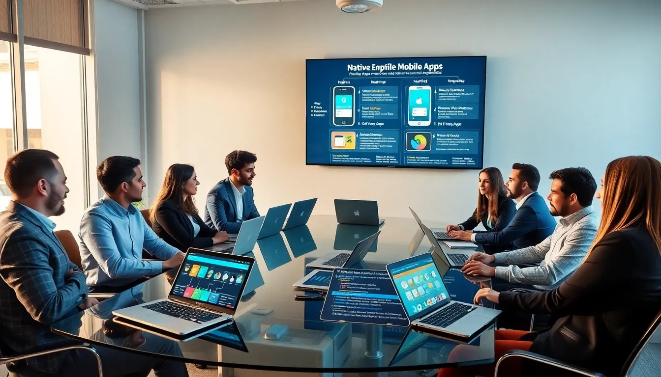 diverse team discussing mobile app development in a modern office.