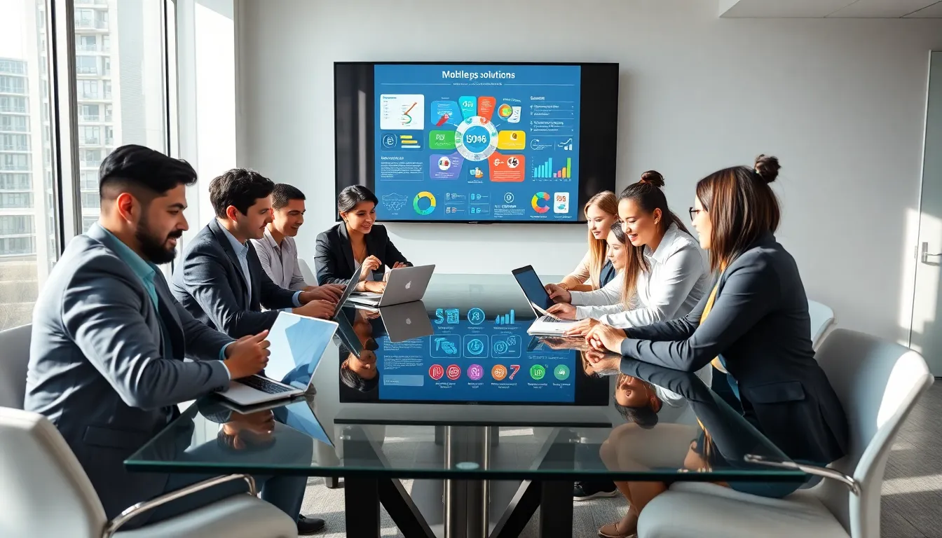 diverse team brainstorming mobile app solutions in a modern office.