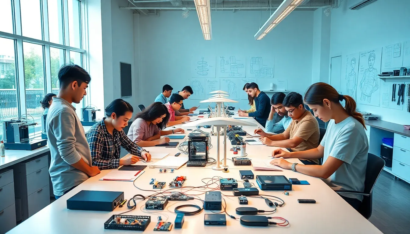 diverse individuals collaborating in a modern gadget lab.