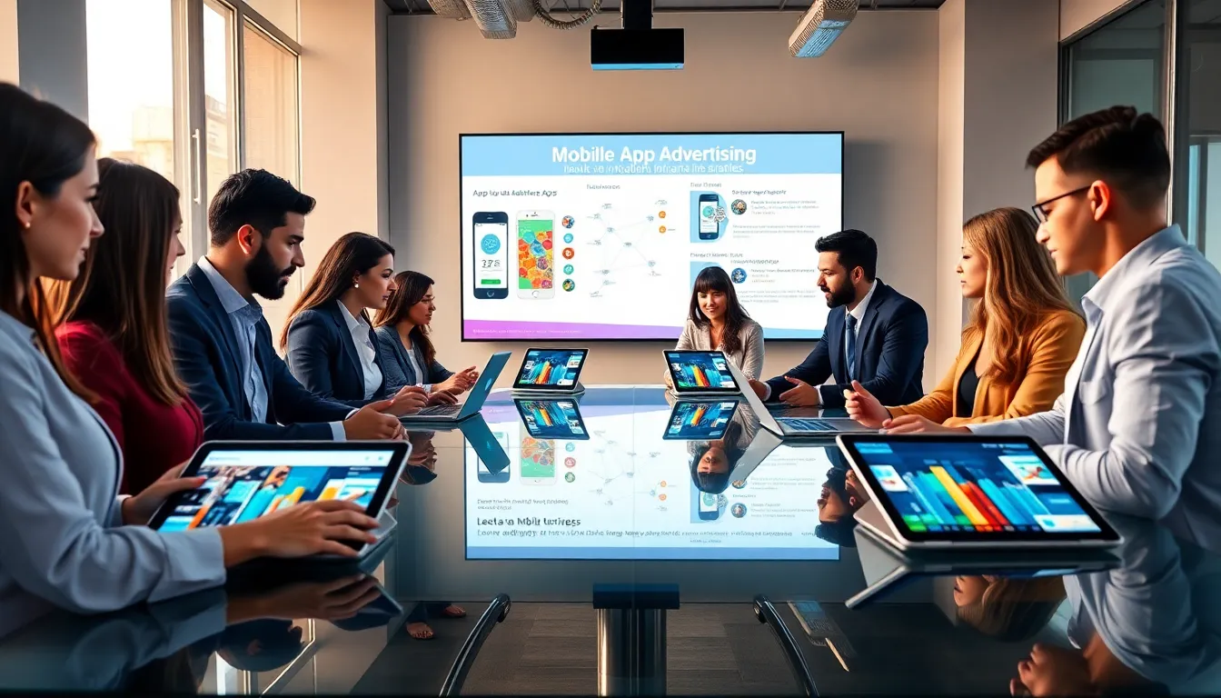 diverse marketing team discussing mobile app advertising strategies.